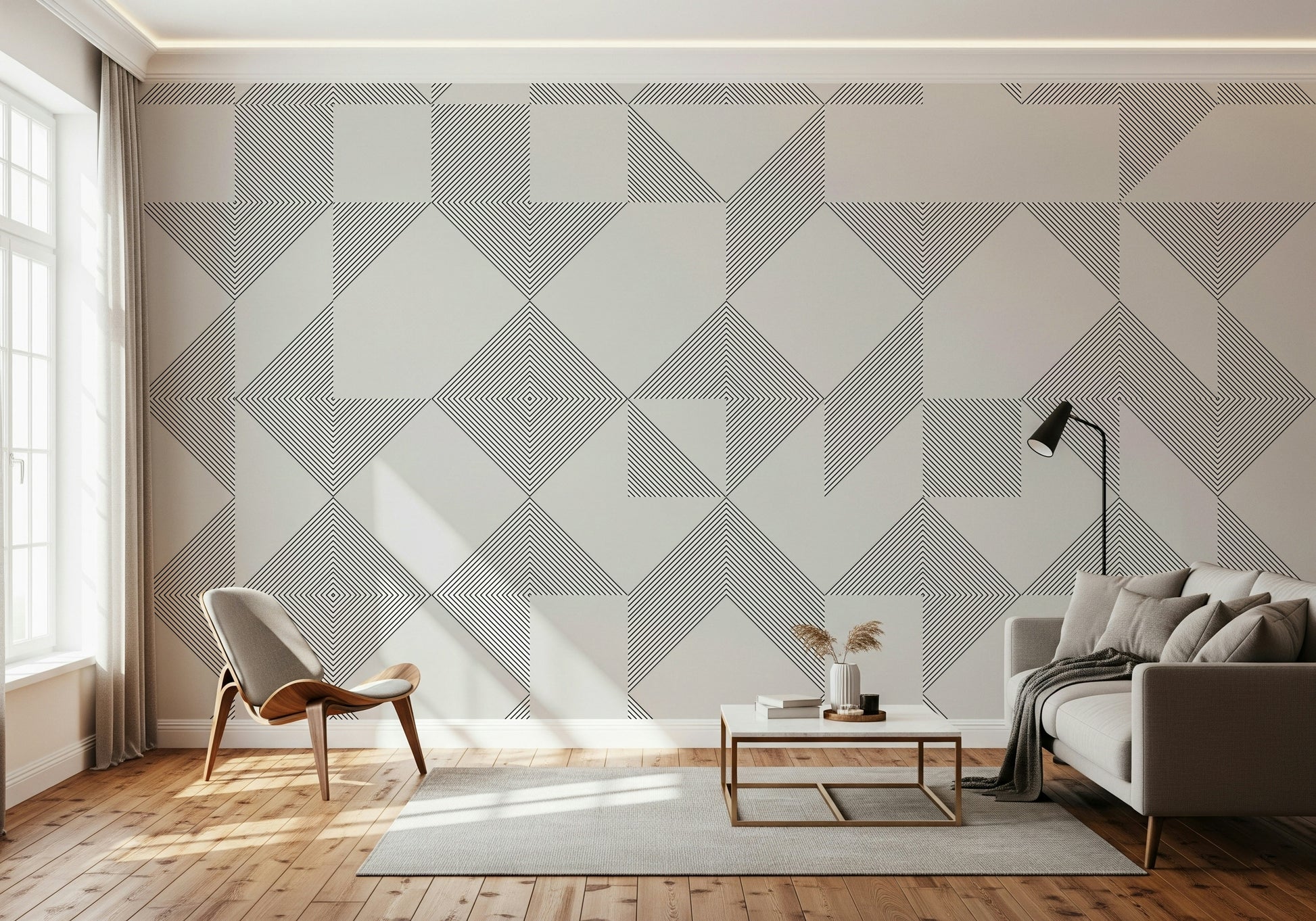 Modernist Minimalist Line Blocks wallpaper with interlocking geometric shapes.