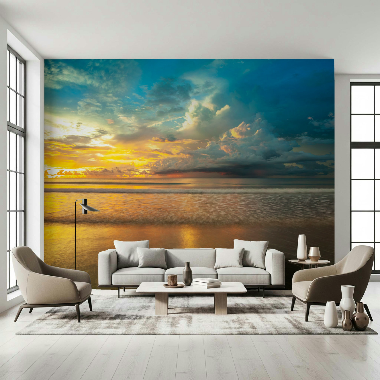 Golden ocean water reflection mural for an ambient room.