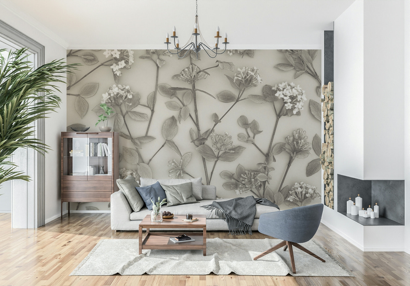 Monochromatic floral wallpaper mural, Delicate Blossoms of Spring art print.