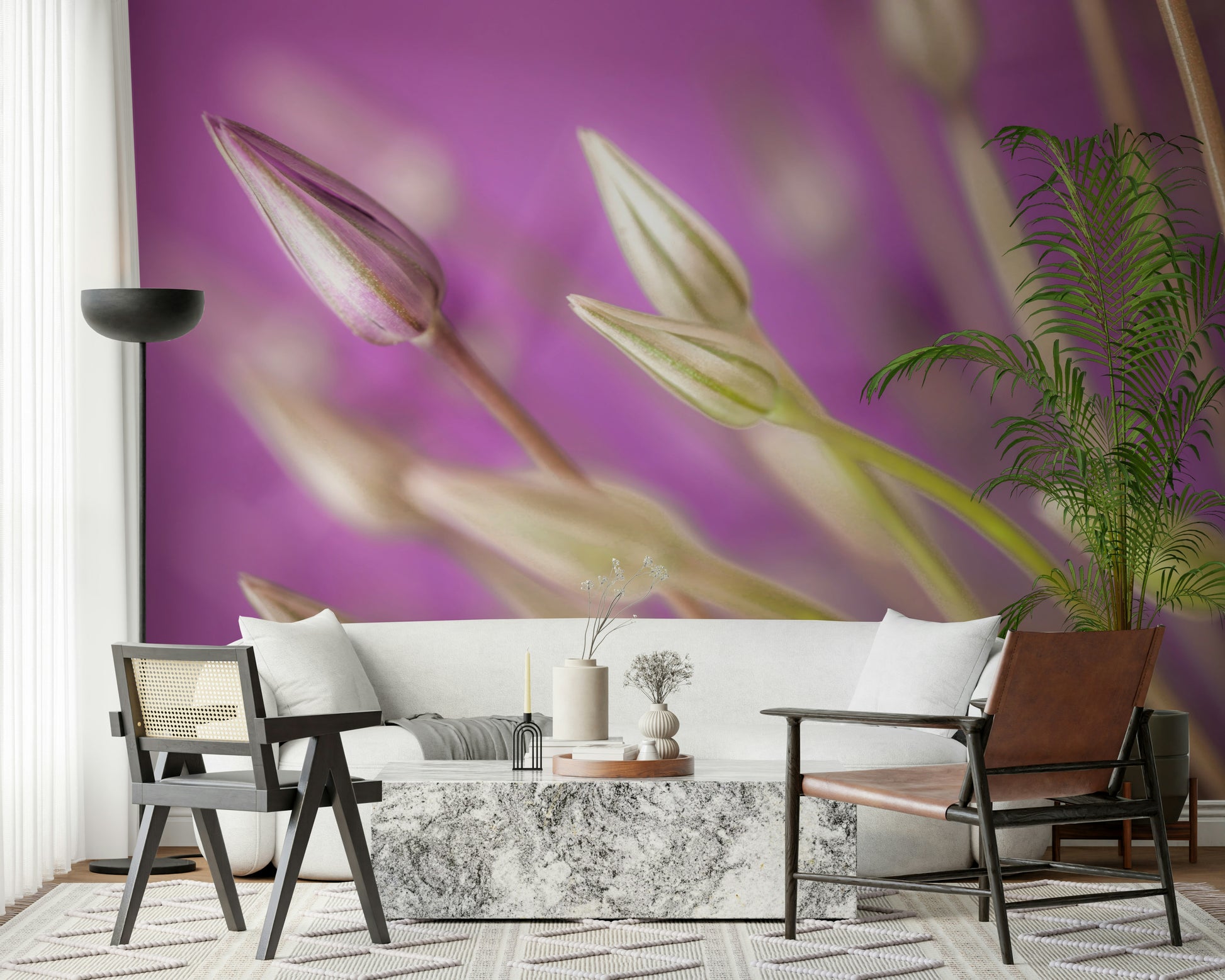 Purple Alliums peel and stick wallpaper, elegant floral buds pattern.