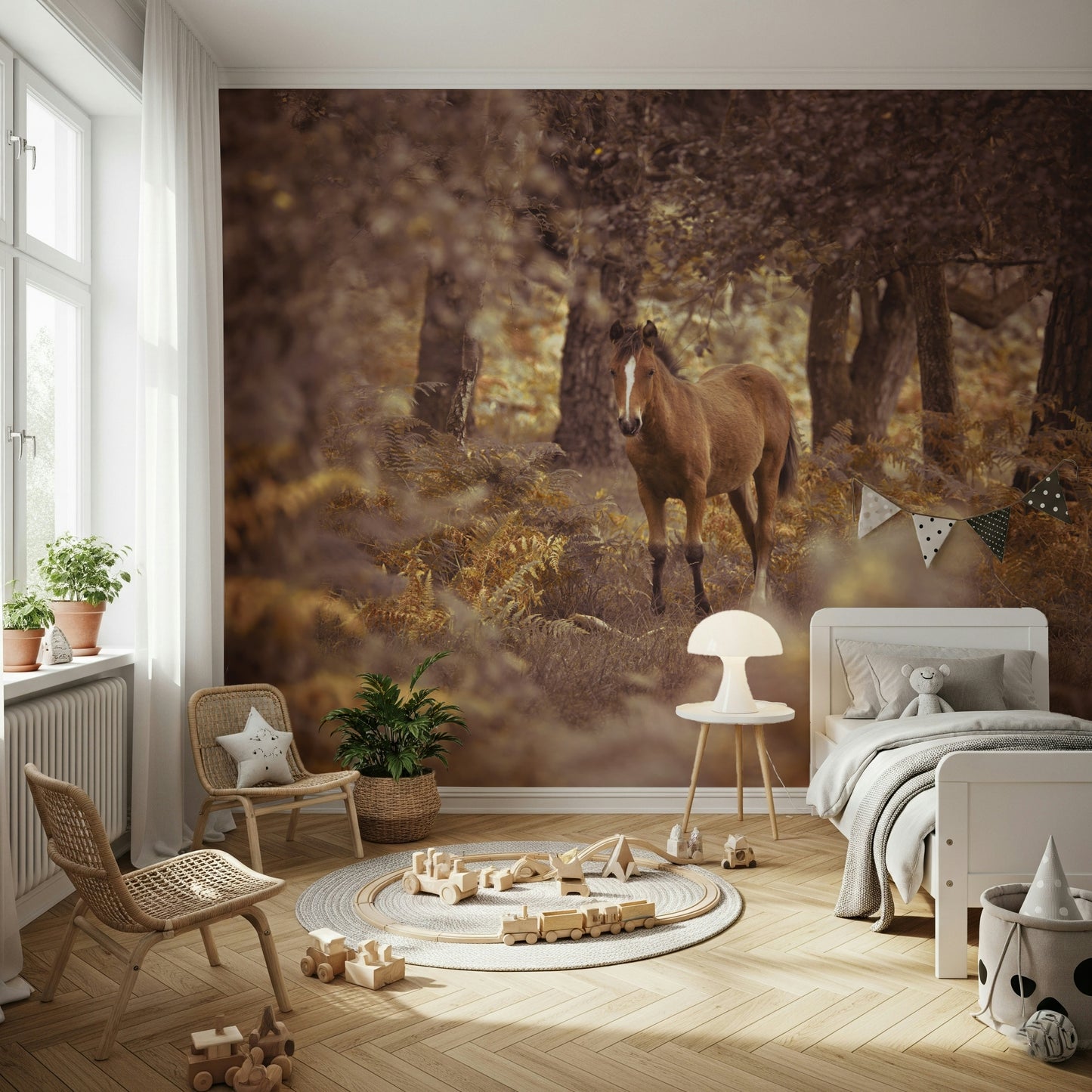 Woodland Wild Horse photograph, peel and stick wallpaper, peaceful image.