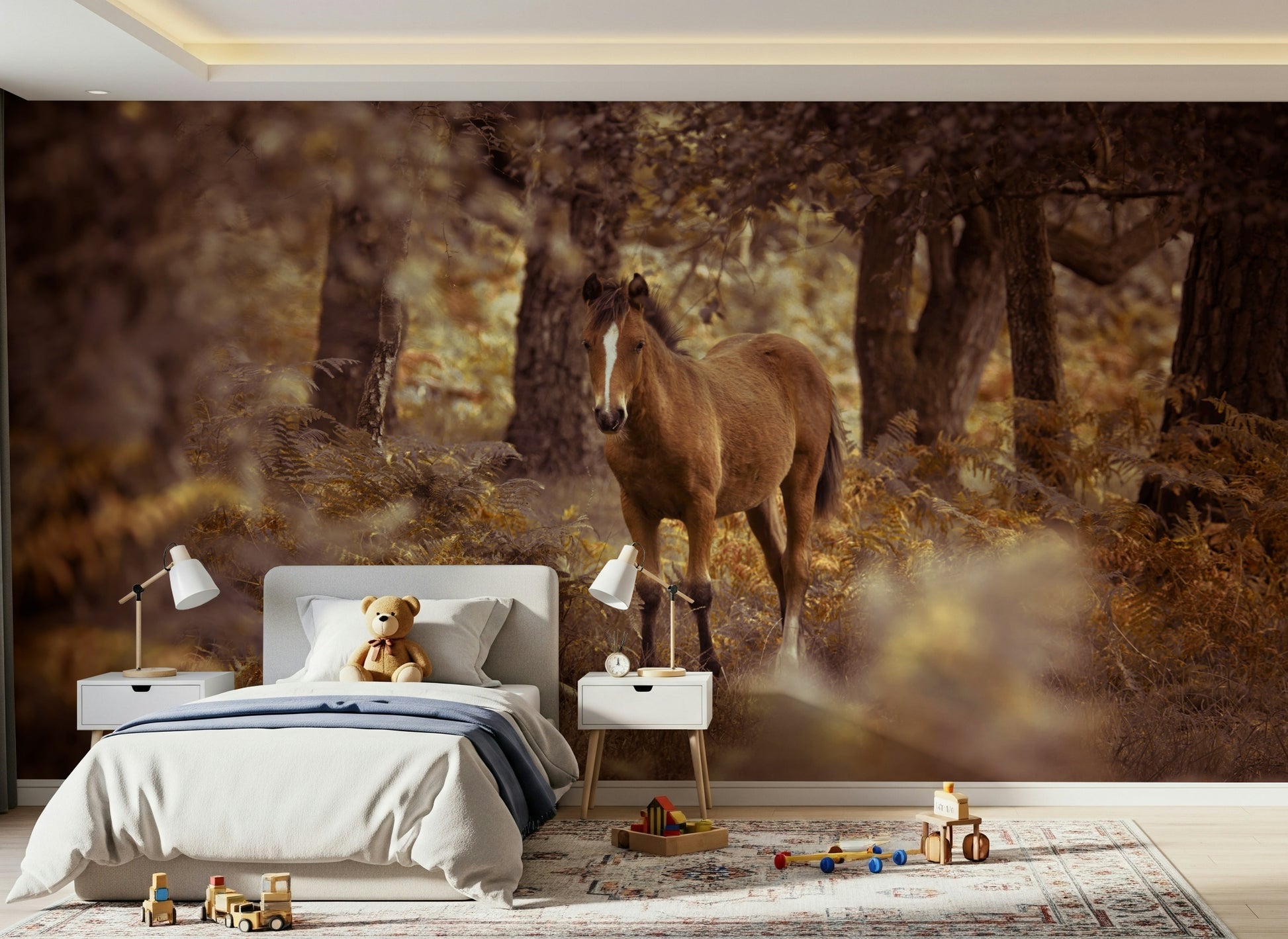 Captivating brown horse wall mural in dappled forest, Wild Horse print backdrop.