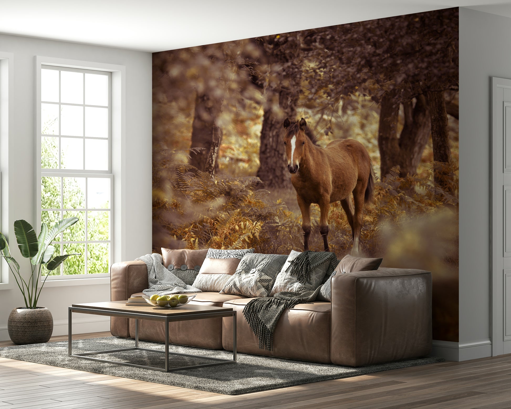 Graceful Wild Horse portrait, deep woods wall art, ethereal scene.