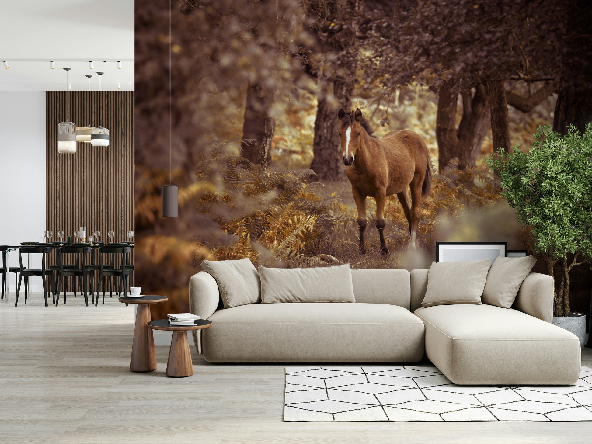 Nature wall covering, Wild Horse, serene scene with earthy brown and gold tones.