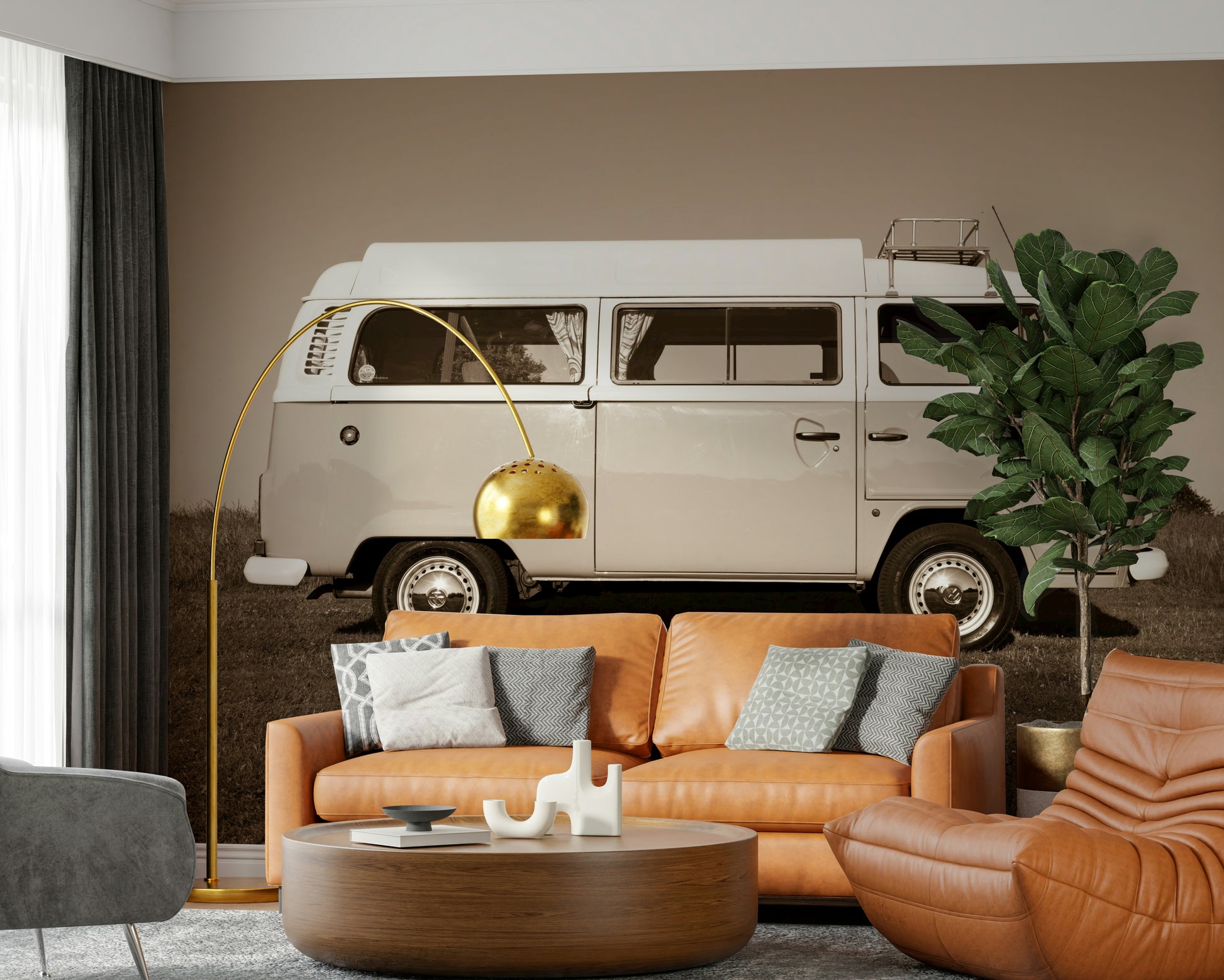 Dream road trip wall mural, classic Vintage Camper Van illustration.