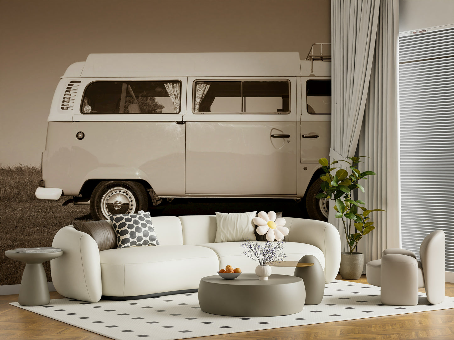 Mid-century wall mural, legendary Vintage Camper Van road trip.