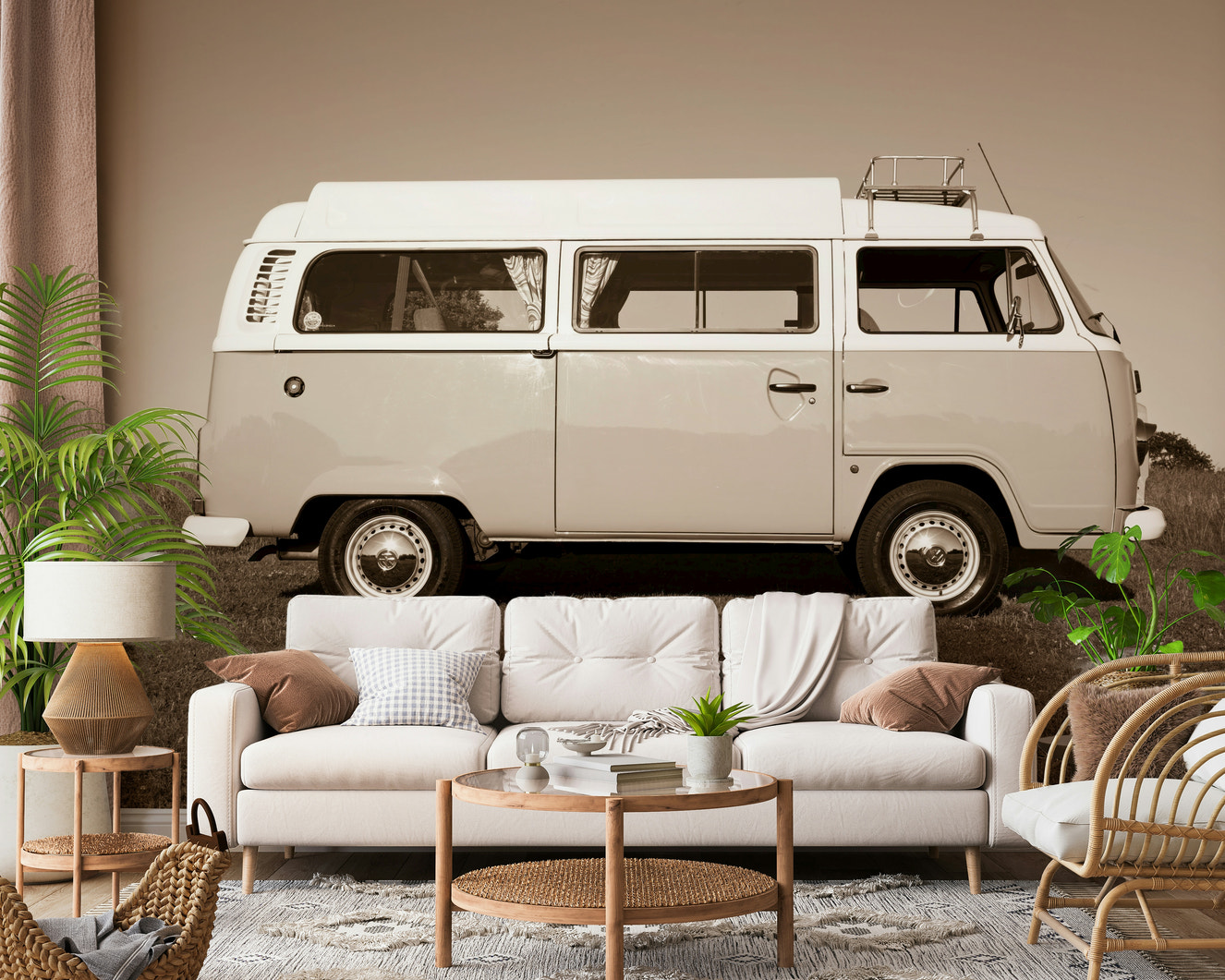 Hippie culture wallpaper scene, beloved Vintage Camper Van transport.