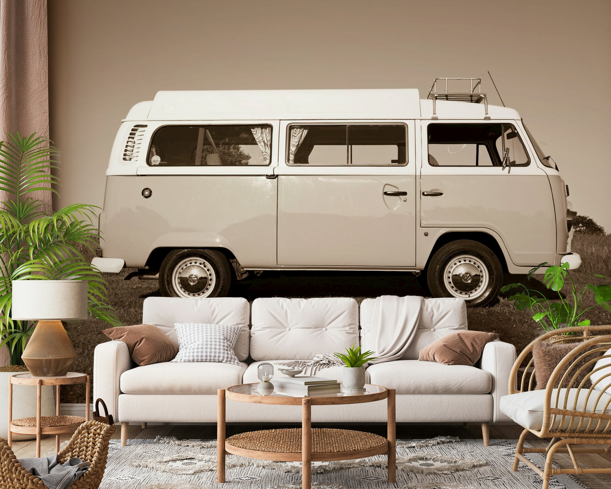 Hippie culture wallpaper scene, beloved Vintage Camper Van transport.