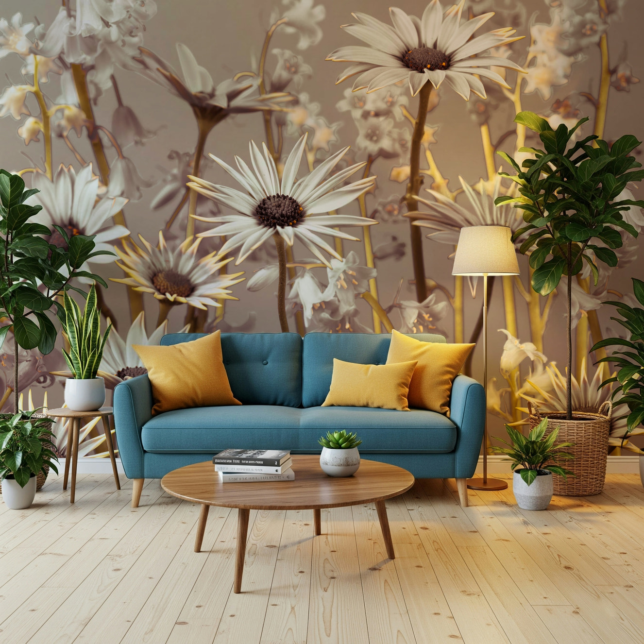 Daisy Dream Large, sepia-toned daisies with golden tips on a light background.