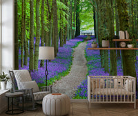Amazing purple and green forest mural, high-quality floral imagery.