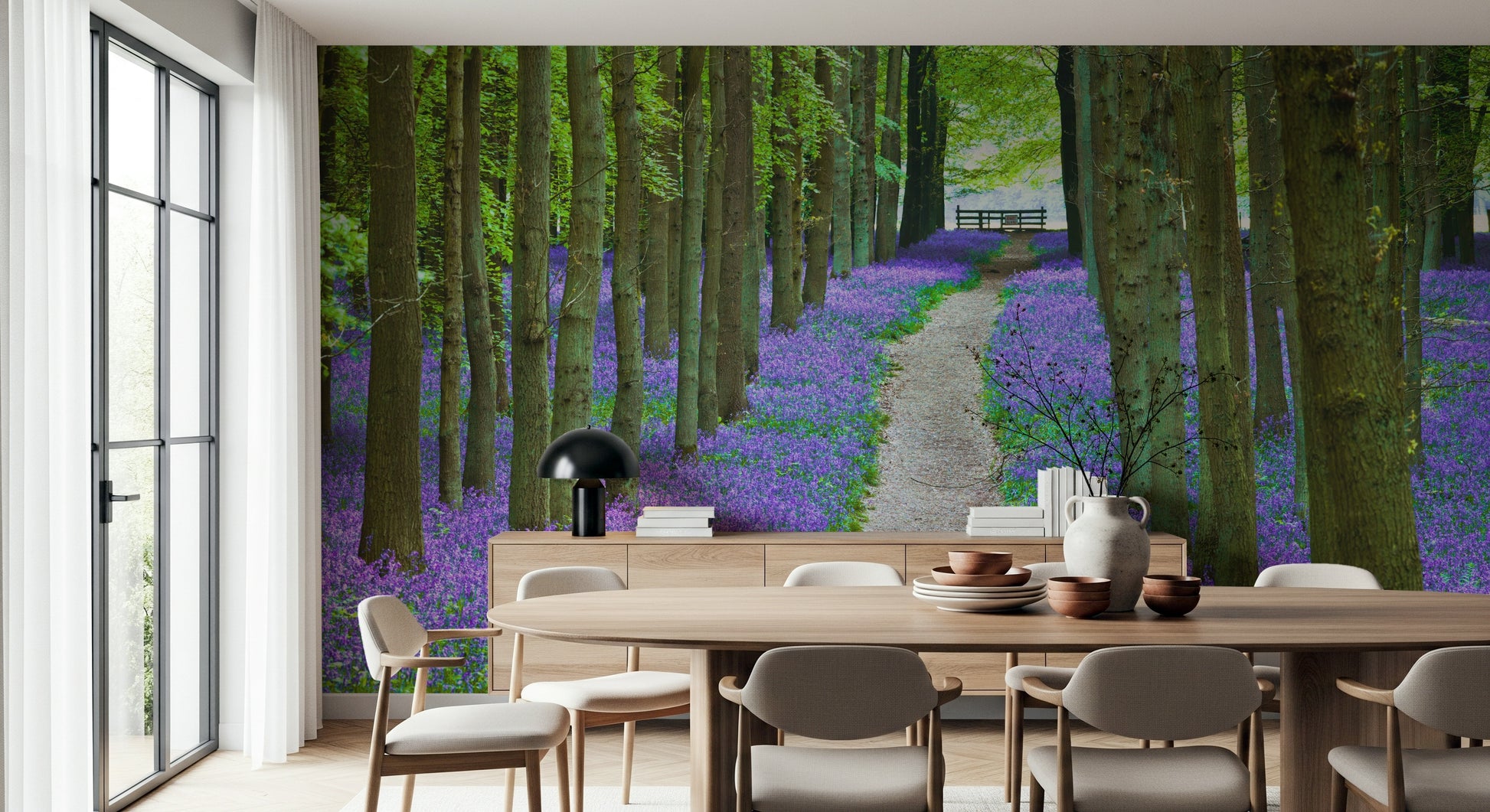 Wooded Bluebell Trail scene, unique wallpaper for home styling.