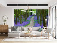 Serene forest path wall mural, winding Bluebell Trail view art.