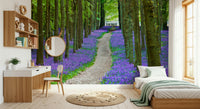 Beautiful woodland wallpaper with purple bluebell flowers field print.