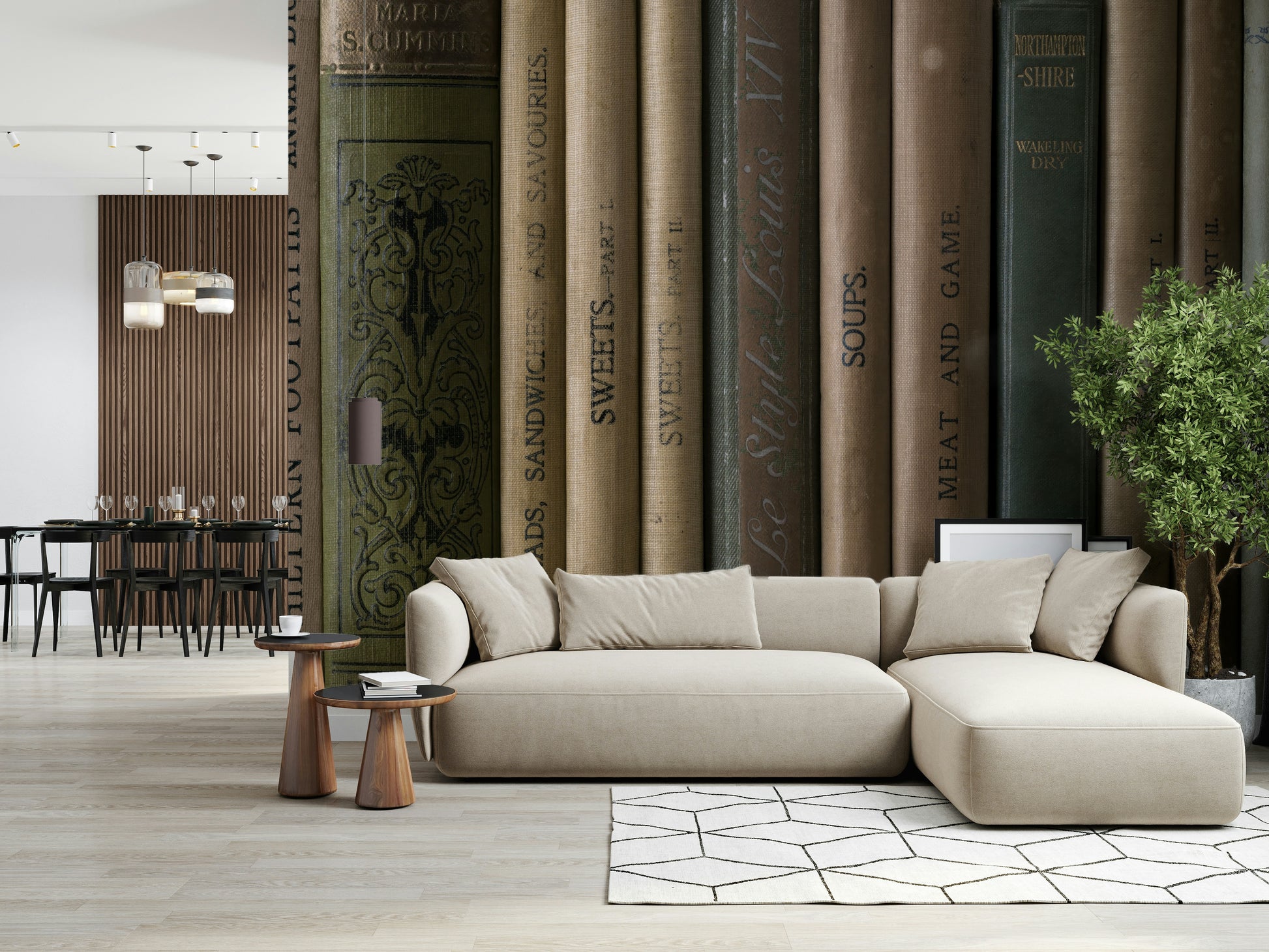 Vintage cooking books on shelf on Aged Editions wallpaper for walls.