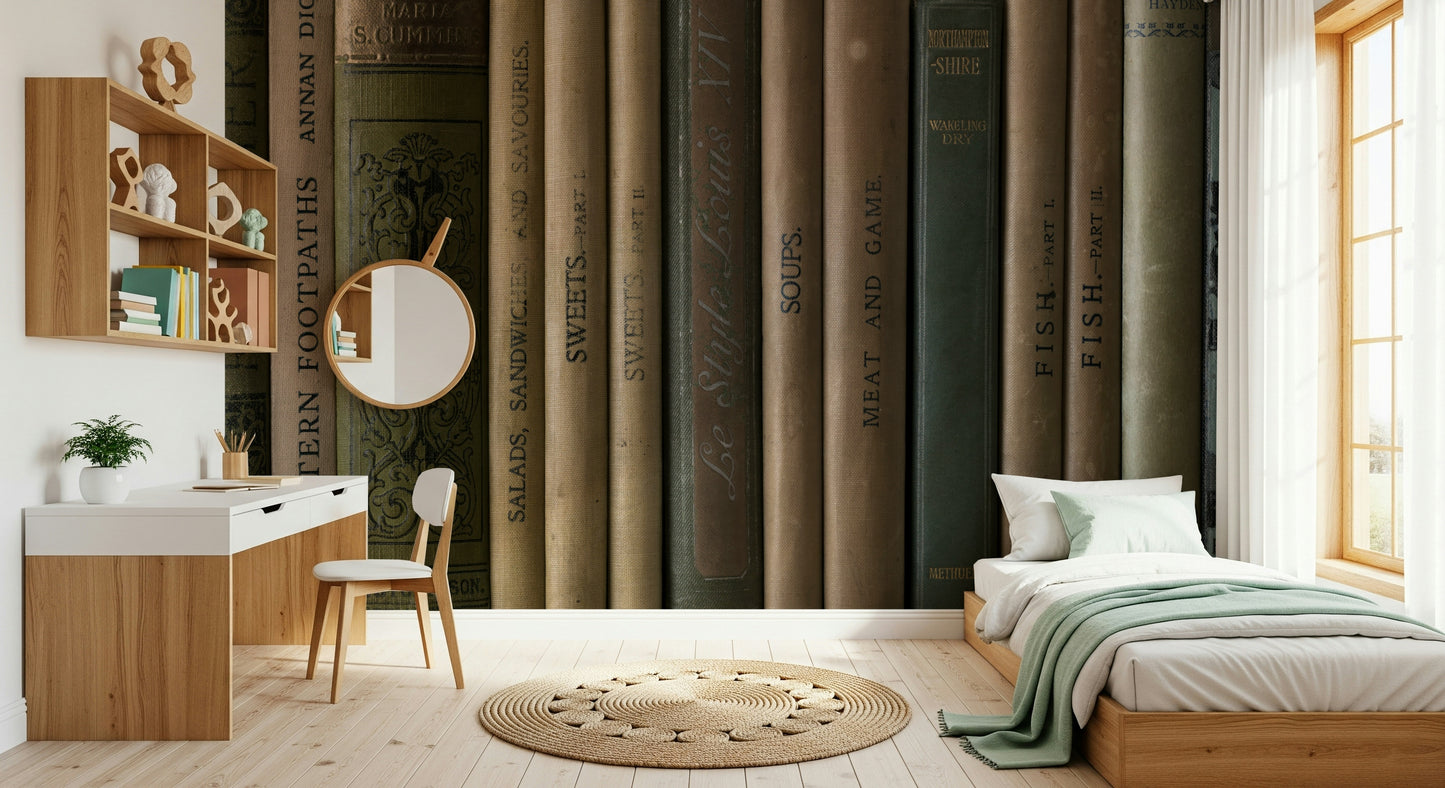 Faux bookshelf design on Aged Editions peel and stick wallpaper.