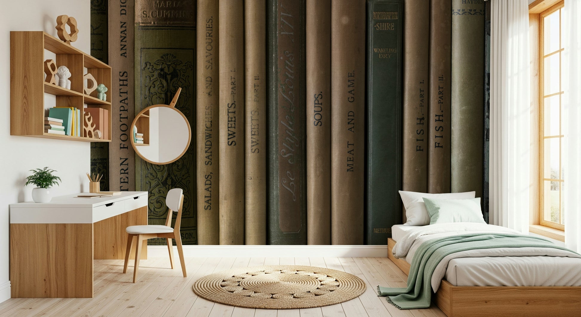 Faux bookshelf design on Aged Editions peel and stick wallpaper.
