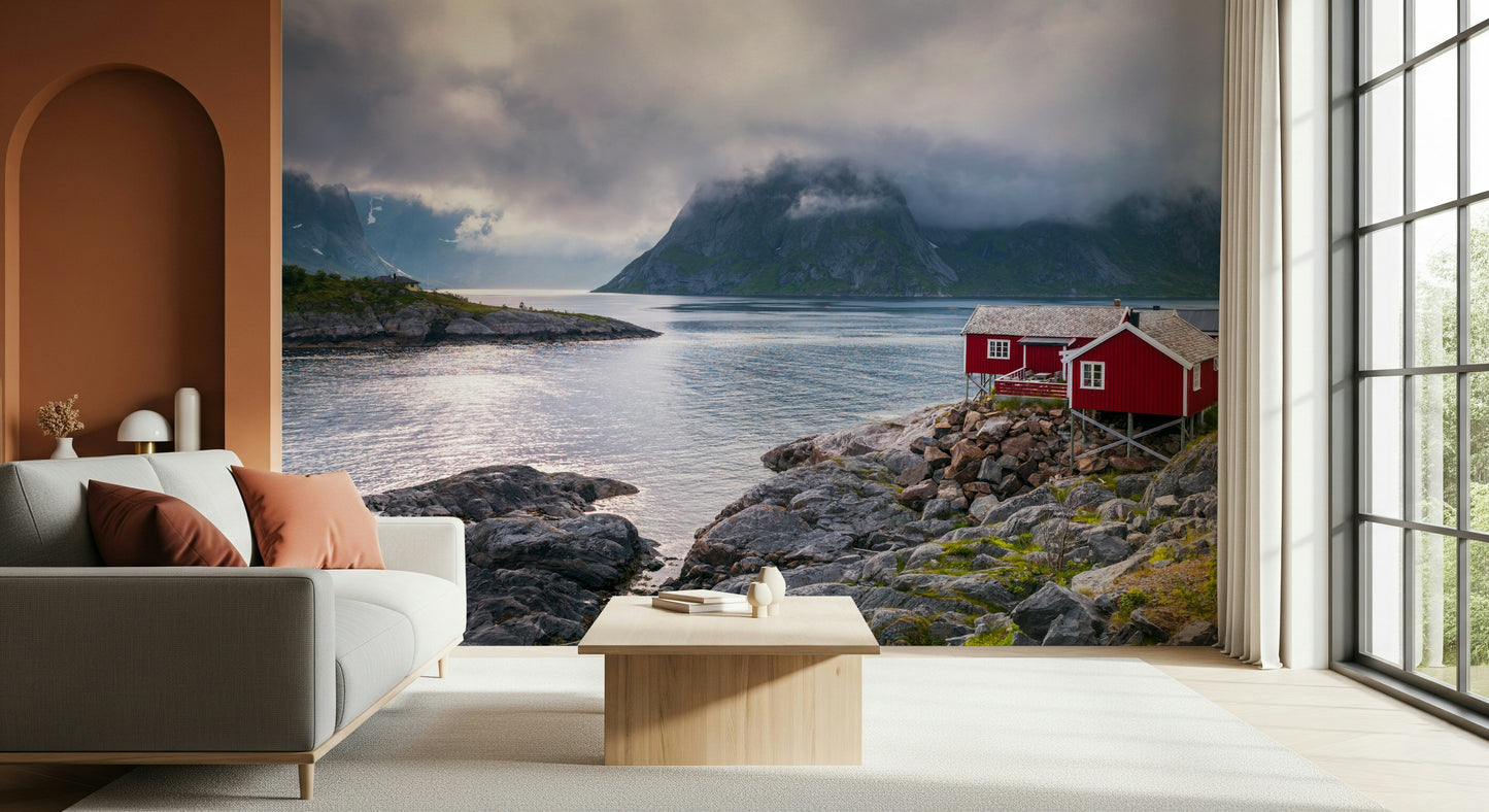 Striking contrast of colors in Norwegian Fjord peel and stick wallpaper.