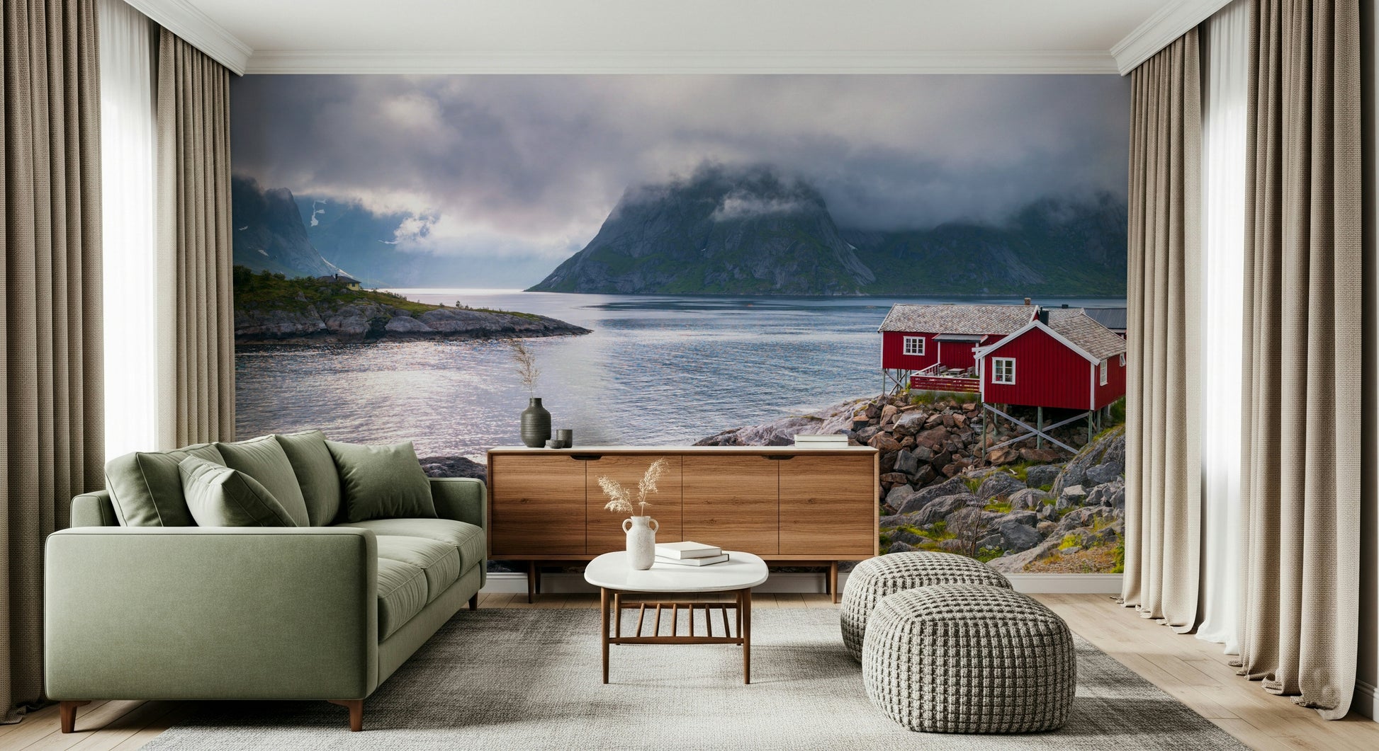 Norwegian Fjord Wall Mural with serene atmospheric lighting.