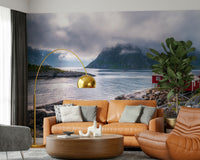 Dramatic black and white mountains in Norwegian Fjord Wall Mural.