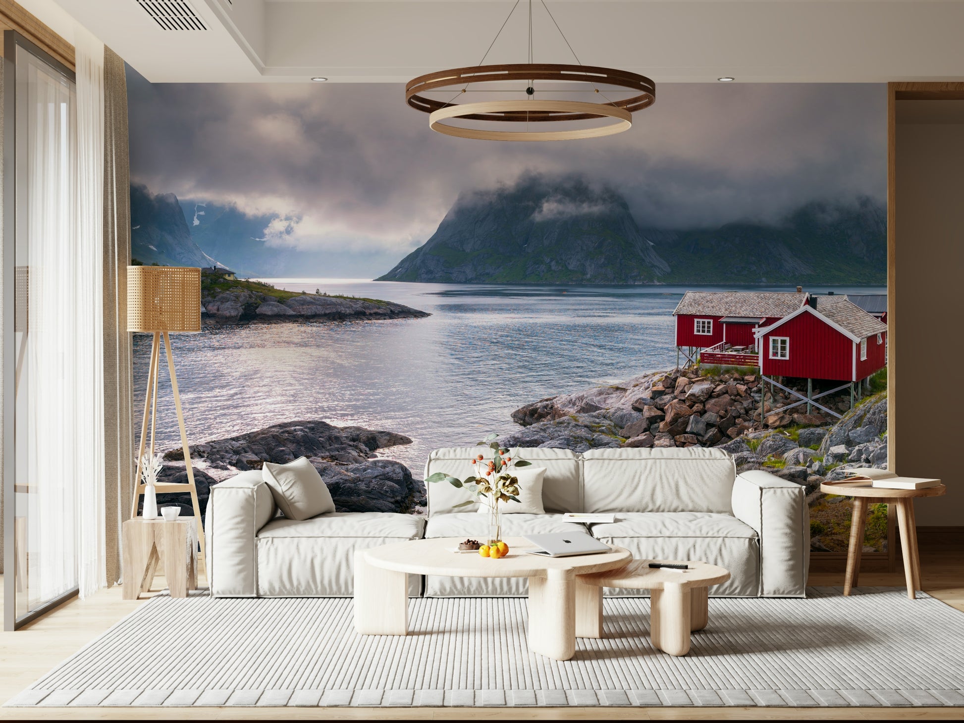 Panoramic view of fjord landscape on Norwegian Fjord wallpaper mural.