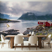 Isolated coastal timber house in Norwegian Fjord Wall Mural.