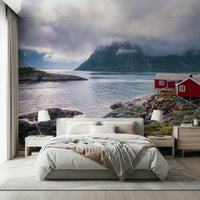 Vivid scarlet color pop in Norwegian Fjord peel and stick wallpaper.