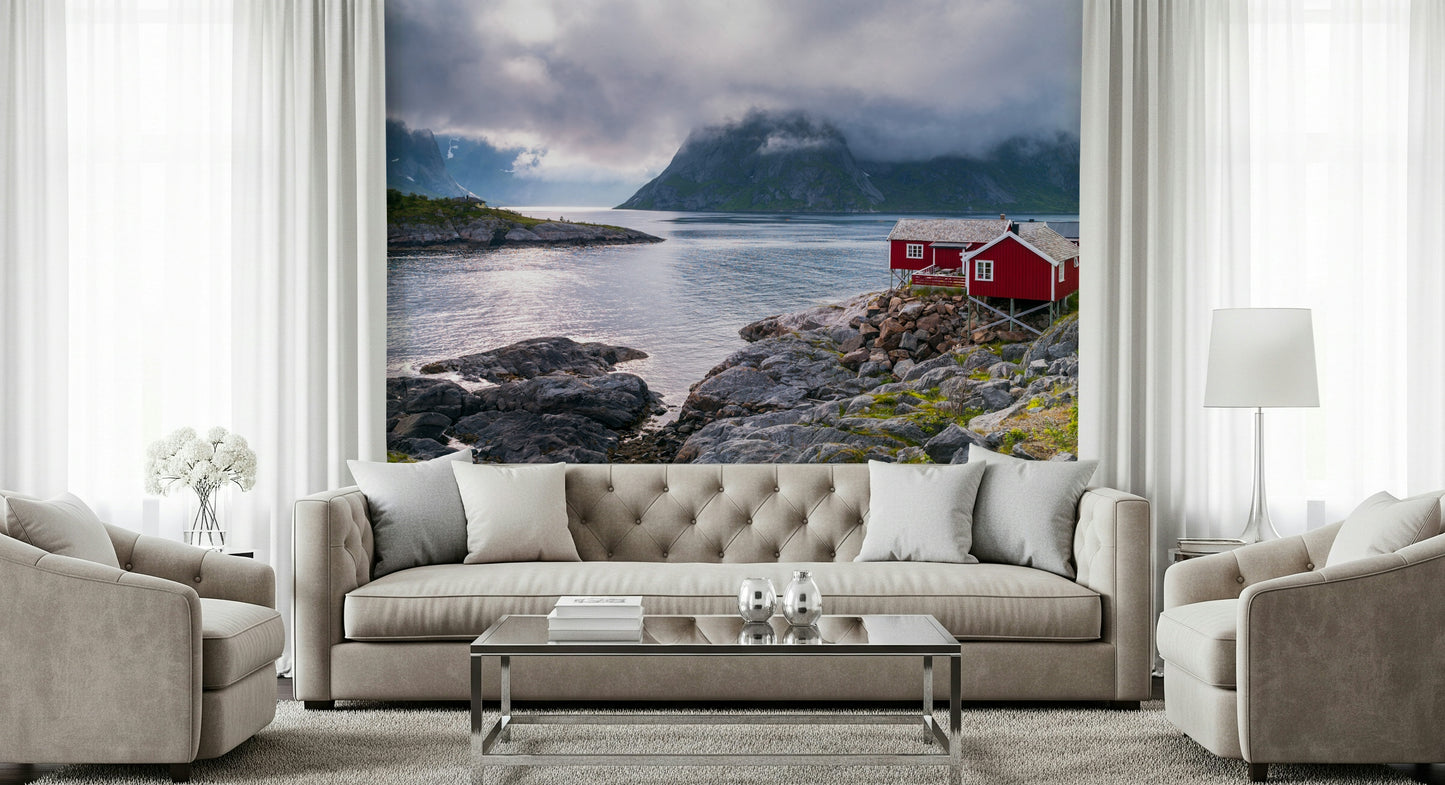 Calm water and rocky base of Norwegian Fjord wallpaper for walls.