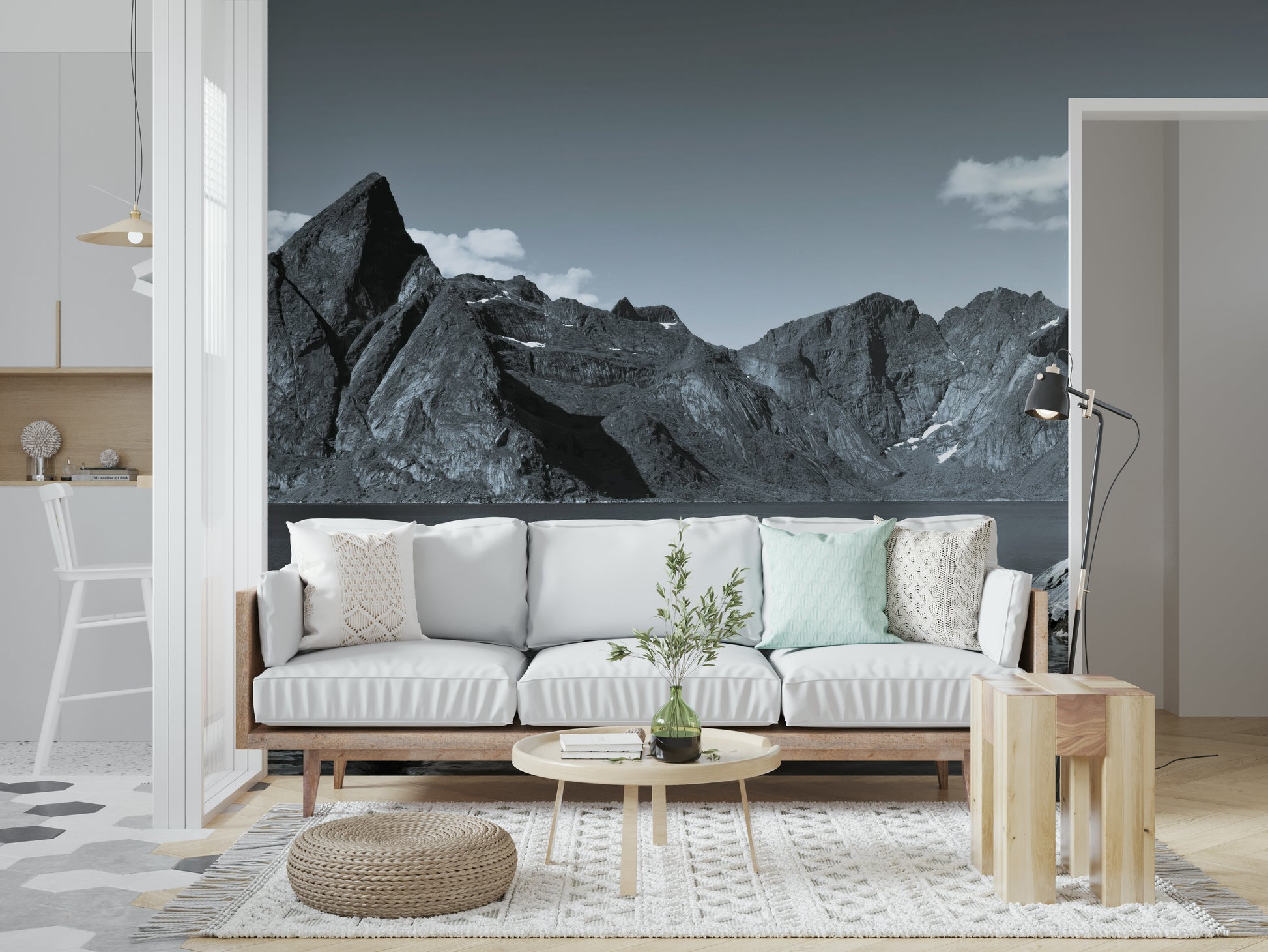 Fjord Home peel and stick wallpaper showing traditional coastal dwelling.