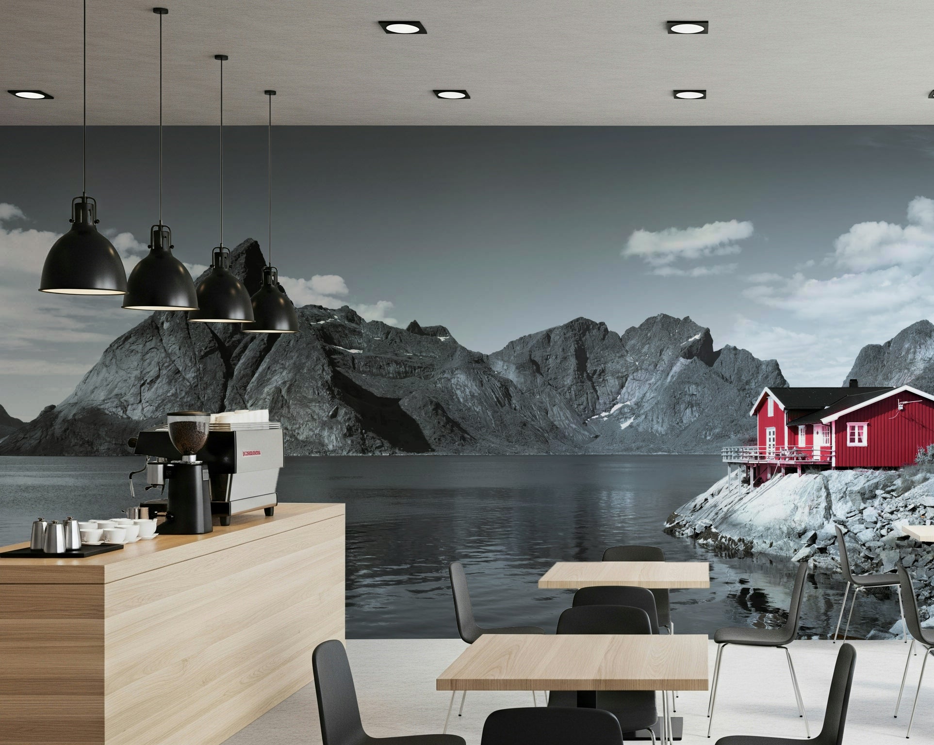 Peaceful lake reflection in Fjord Home peel and stick wallpaper design.