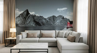 Vibrant scarlet house contrast in Fjord Home wallpaper mural photo.