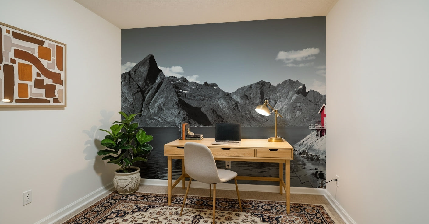 Rustic timber cottage isolated in Fjord Home wallpaper for walls.