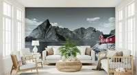 Selective color Fjord Home wallpaper mural with black and white mountain backdrop.