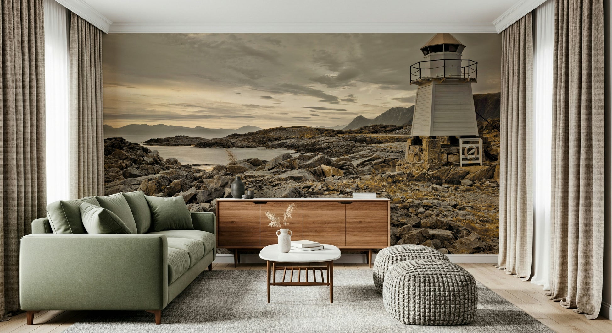 Guardian of the Coast Wall Mural showing white lighthouse on rocky terrain.