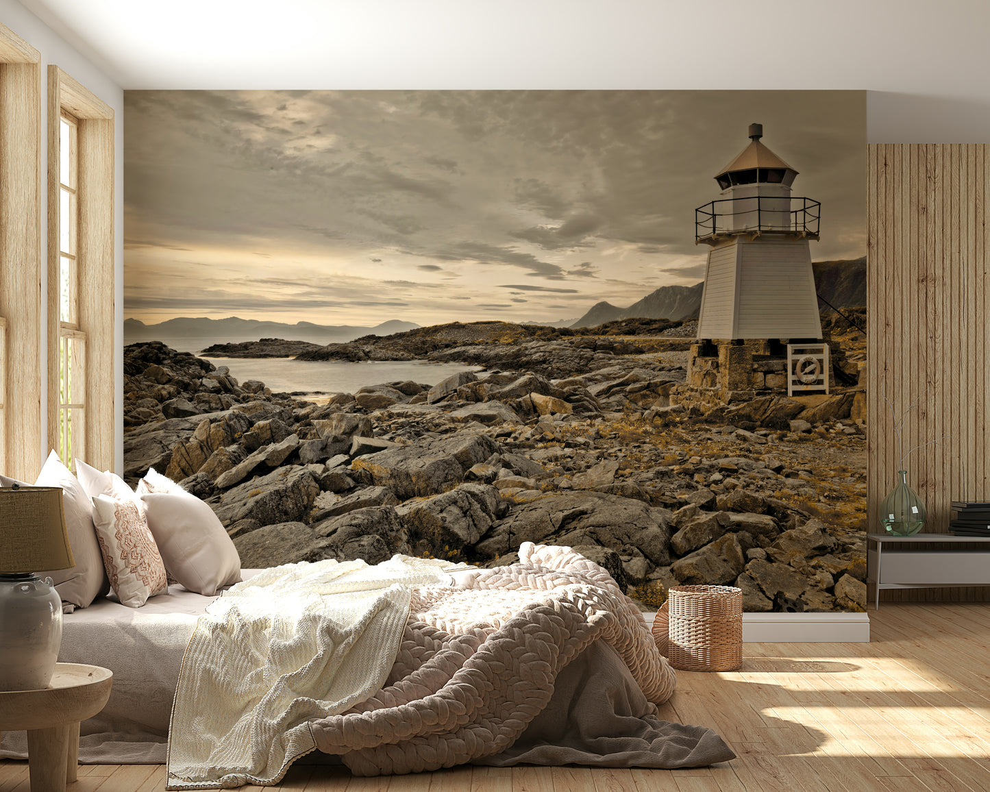 Scenic Guardian of the Coast Wall Mural with distant mountains and ocean.