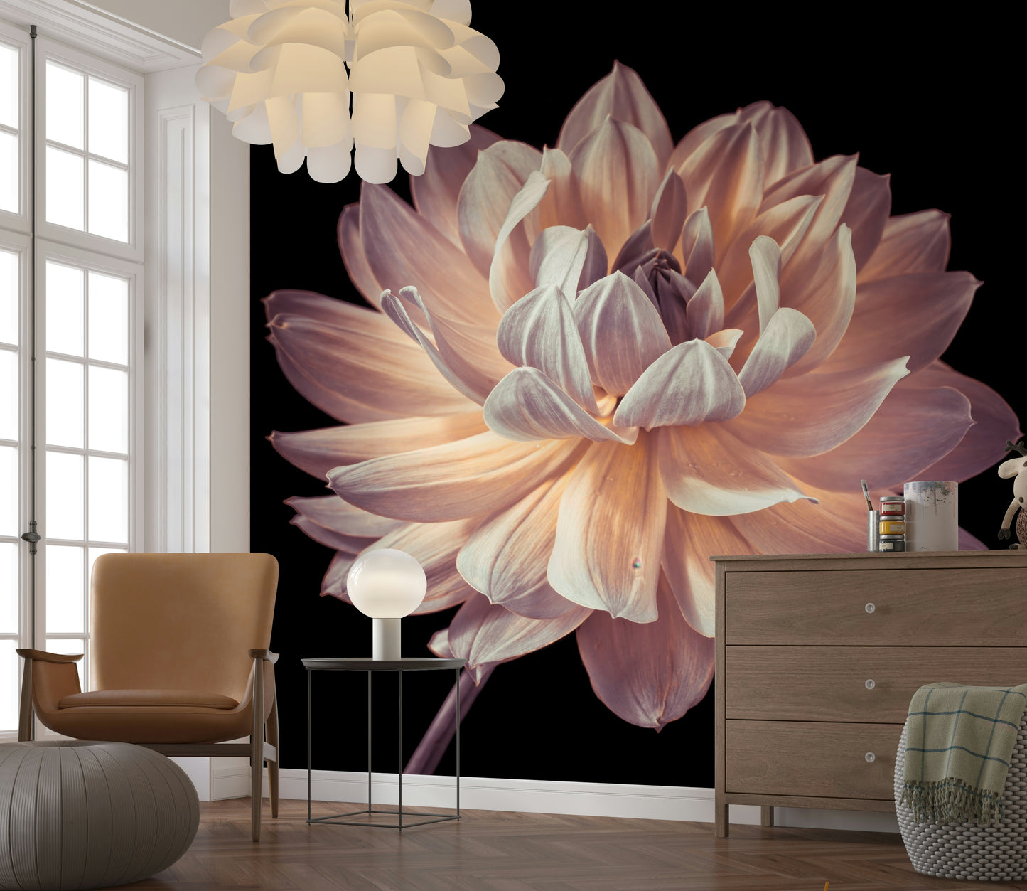 Pale pink petals contrast black in Blooming Dahlia wallpaper mural art.