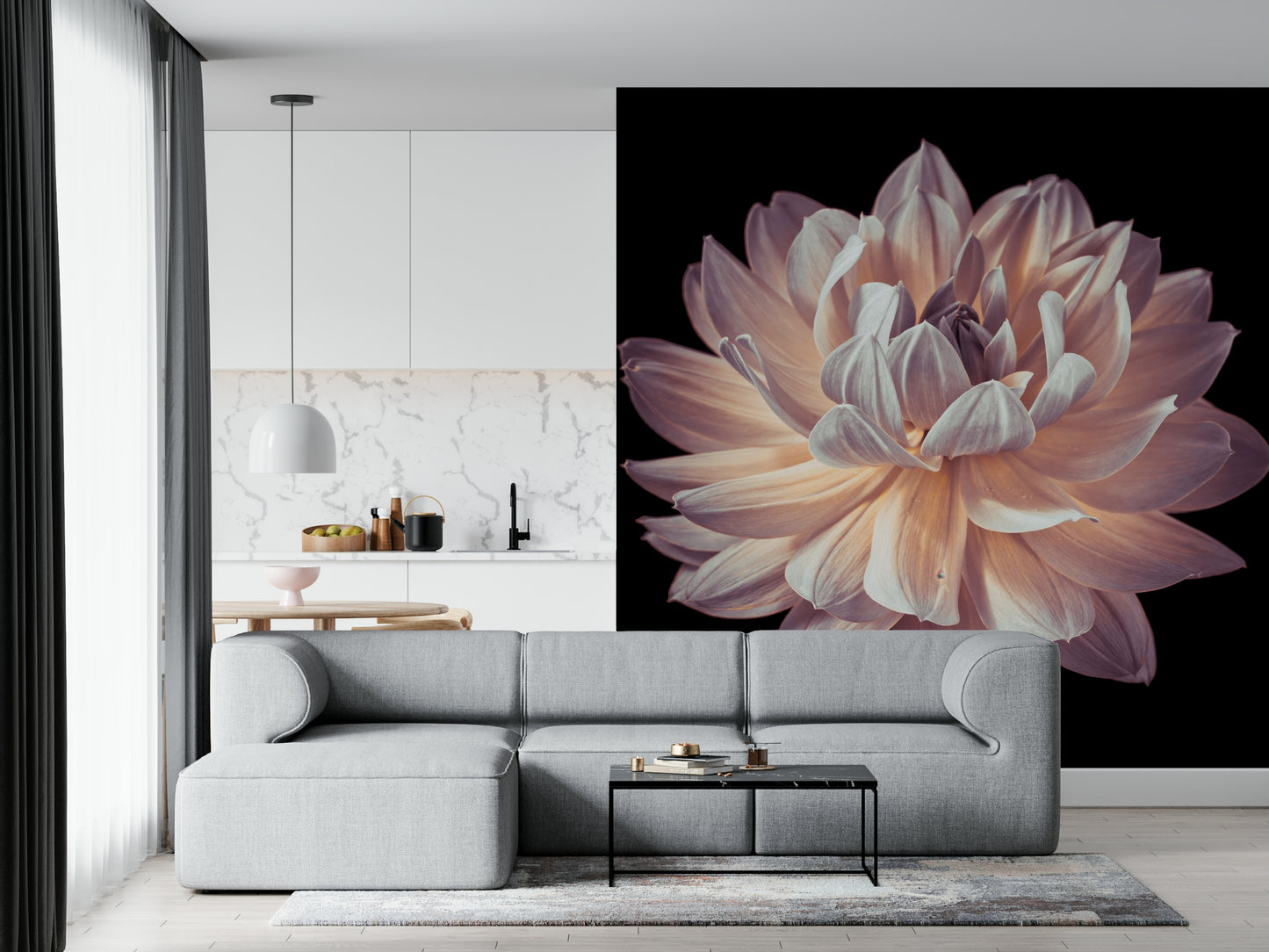 Moody floral aesthetic featured in Blooming Dahlia wallpaper mural bedroom.
