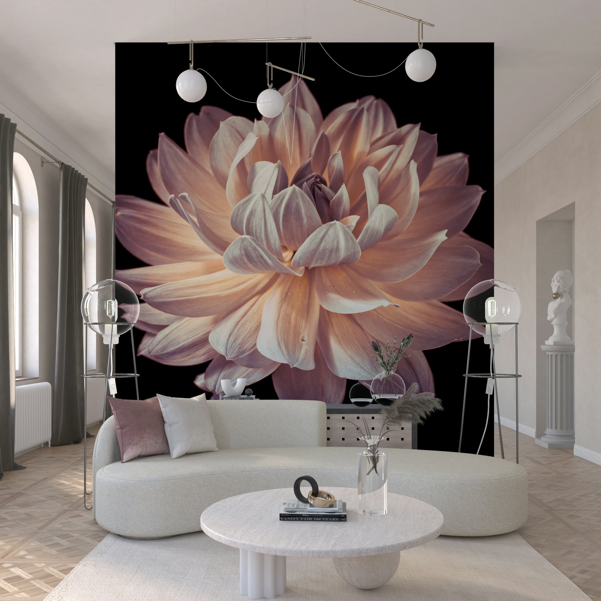 Sophisticated single bloom center Blooming Dahlia wallpaper mural nature decor.