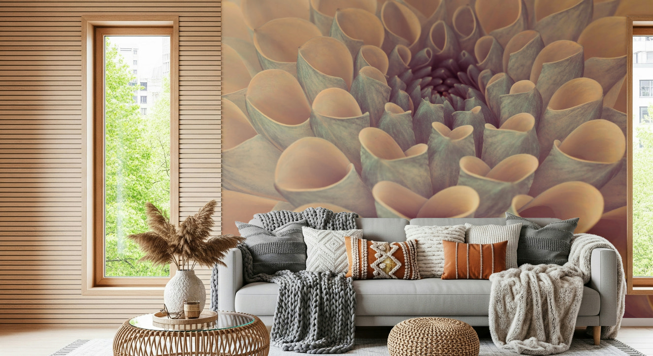 Soft pastel grey bloom texture in Dahlia Petals wallpaper mural calming decor.
