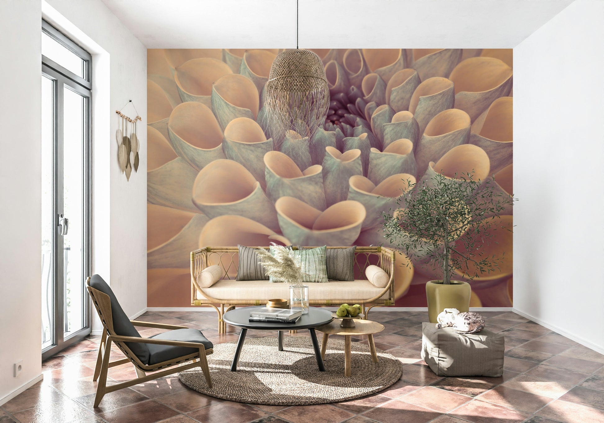 Creamy white tubular shapes in Dahlia Petals wallpaper mural botanical print.