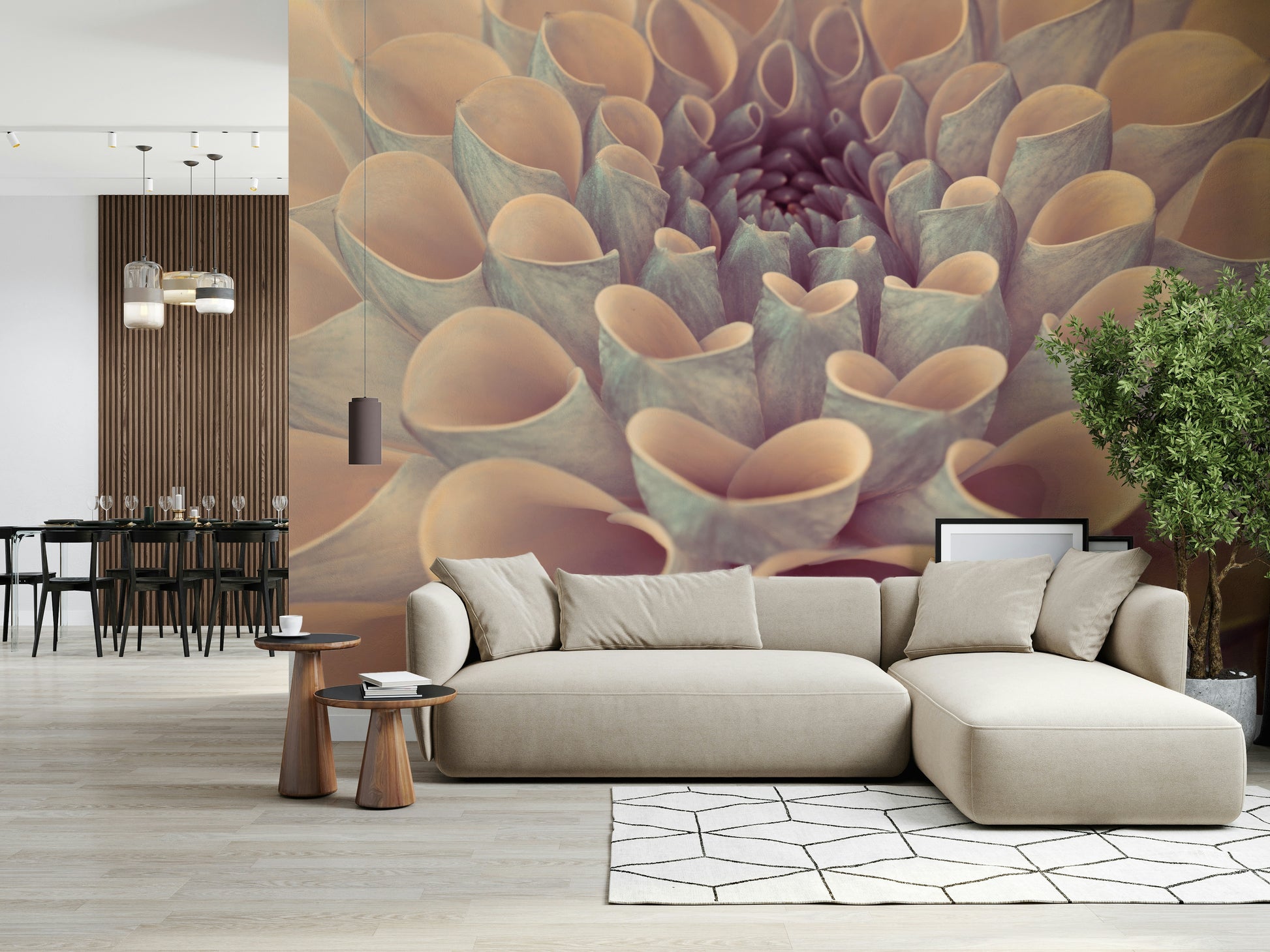 Soothing symmetrical flower design Dahlia Petals wallpaper mural spa aesthetic.
