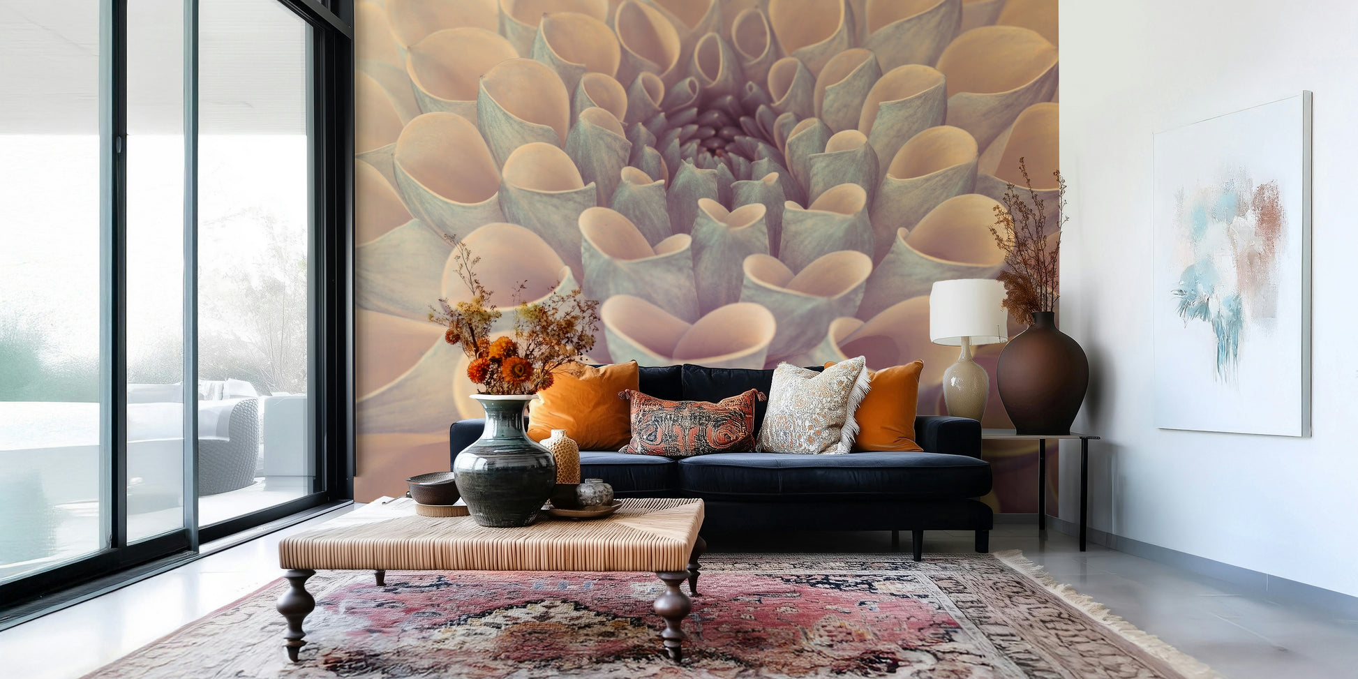 Monochrome flower styling Dahlia Petals wallpaper mural sophisticated wall art.