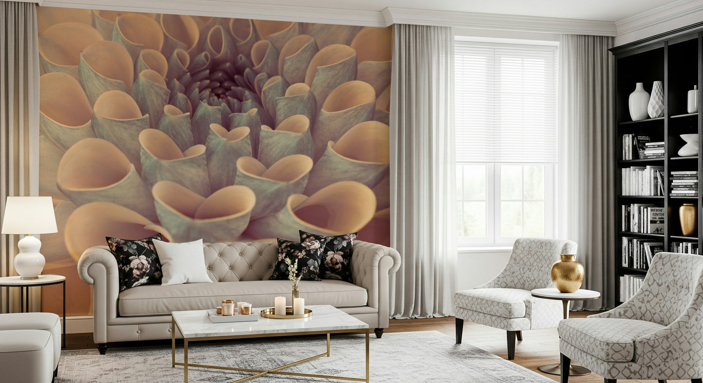 Delicate spiral pattern featured in Dahlia Petals wallpaper mural living room.