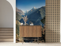 Majestic alpine scenery captured in Mountain Hut Vista Wall Mural panoramic view.