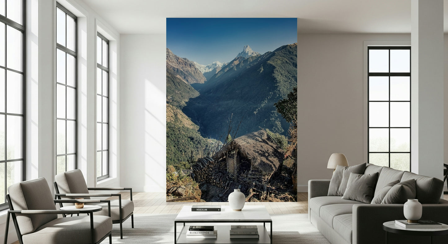 Lush green valley depth in Mountain Hut Vista Wall Mural peel and stick.