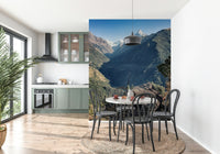 Stacked firewood texture within Mountain Hut Vista wallpaper mural farmhouse aesthetic.
