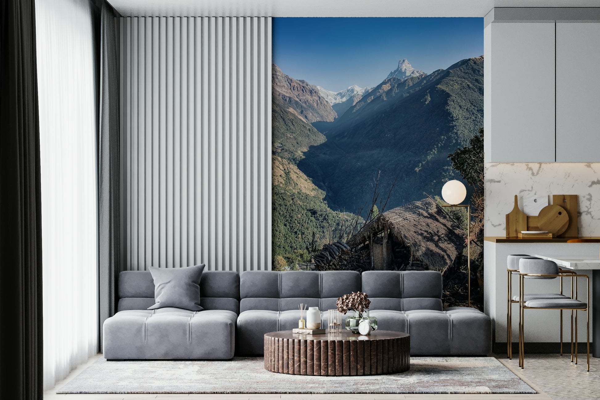 Snowy Himalayan peaks on Mountain Hut Vista wallpaper mural scenic nature backdrop.