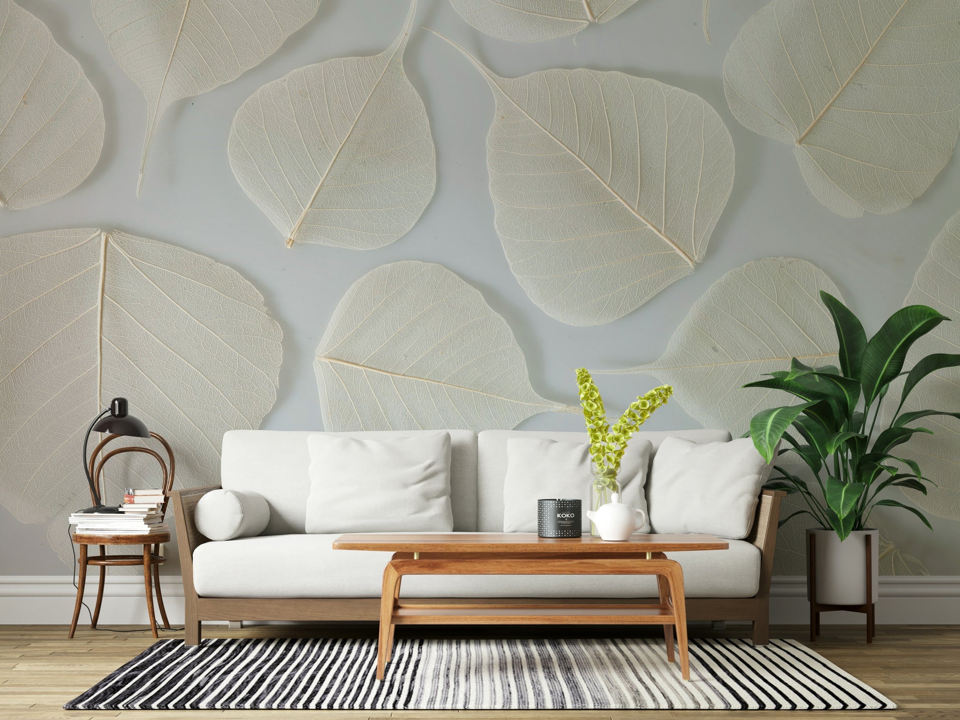 Sheer leaf pattern Fragile Elegance unique botanical wall mural.