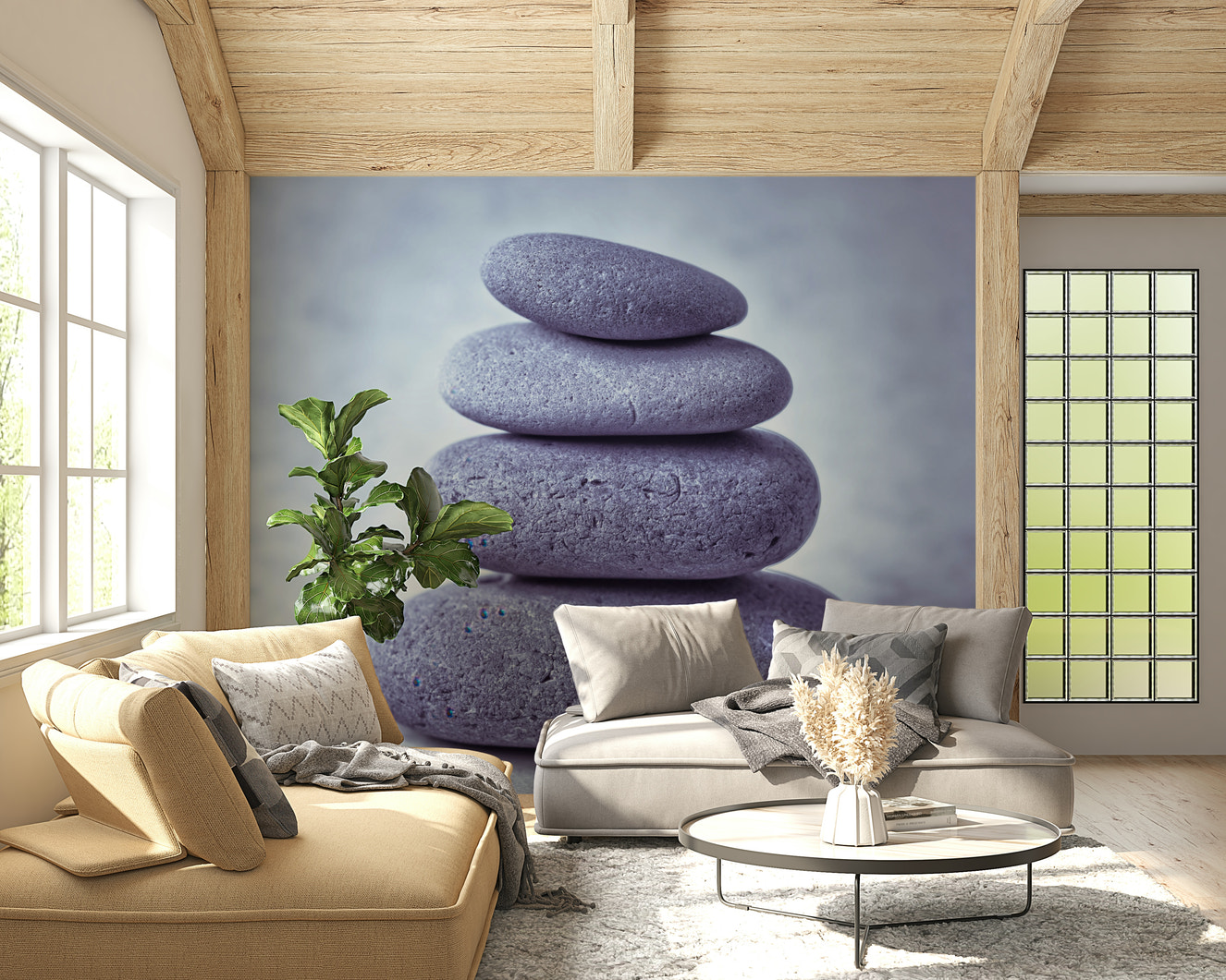 Zen Stone Stack Wall Mural, calming pile of four balanced gray rocks.