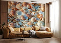 Shimmering shell texture Coastal Shellscape Wall Mural, striking beach mural.