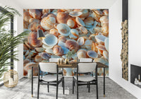 Natural cockle shells Coastal Shellscape peel and stick wallpaper.